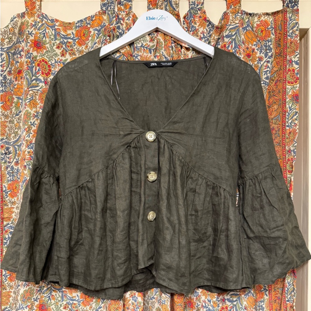 Zara Women's Dark Olive Button-Front Blouse